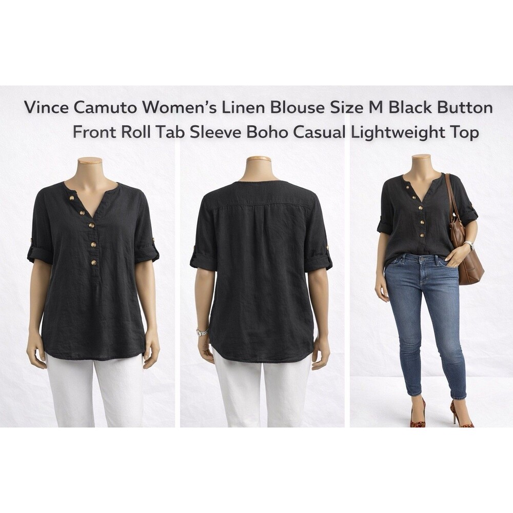 Vince Camulo Women 's Linen Blouse Size M Button Tab Sleeve Casual Lightweight T